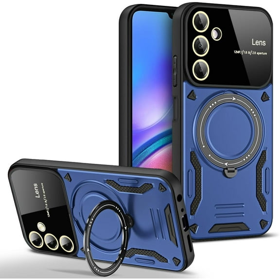 Case for Samsung Galaxy A15 with Magnetic Attraction 360° Ring Stand Cover for Samsung Galaxy A15 with Screen Camera Protector Hard PC TPU Case Blue