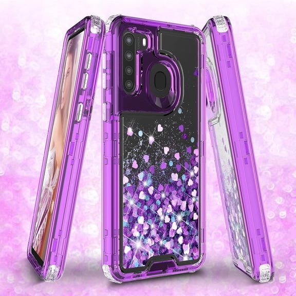 Case for Samsung Galaxy A21 Case Liquid Glitter Waterfall Heavy Duty Shockproof for Girls Women Cover - Clear