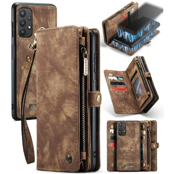 Case for Samsung Galaxy A32 5G Wallet Cover Trifold with Detachable Card Holder TPU PC Handmade Leather Zipper Strong Magnetic