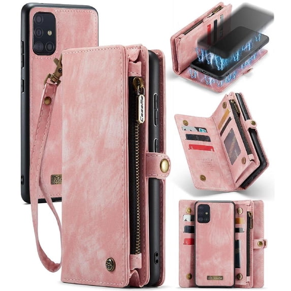 Case for Samsung Galaxy A71 4g Strong Magnetic Wallet Cover Trifold with Tpu Pc Handmade Leather Zipper Detachable Card Holder