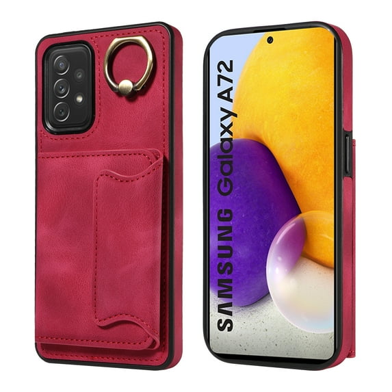 Case for Samsung Galaxy A72 4G, PU Leather 3 Card Slots with Finger Ring Holder Shockproof Phone Case