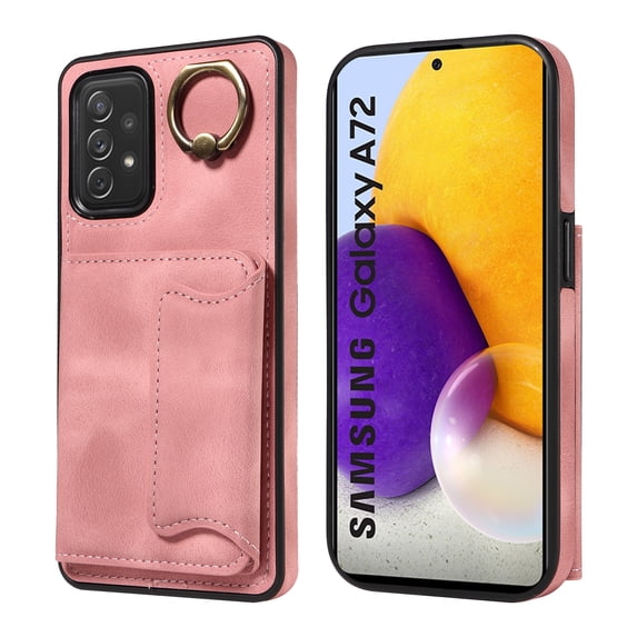 Case for Samsung Galaxy A72, PU Leather 3 Card Slots with Finger Ring Holder Shockproof Phone Case