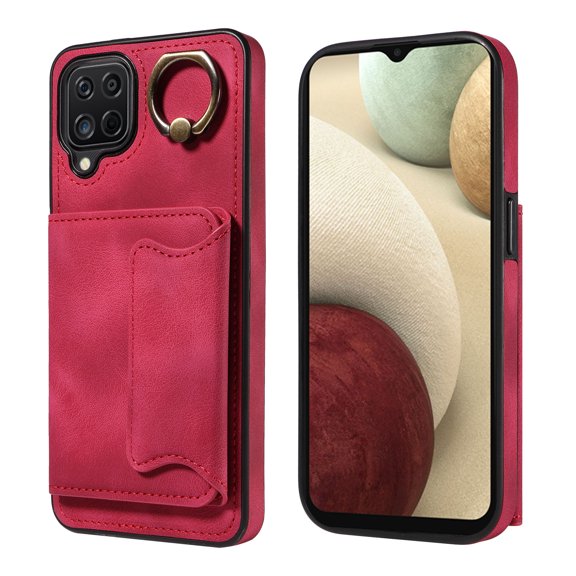 Case for Samsung Galaxy M12 4G Volte, PU Leather 3 Card Slots with Finger Ring Holder Shockproof Phone Case