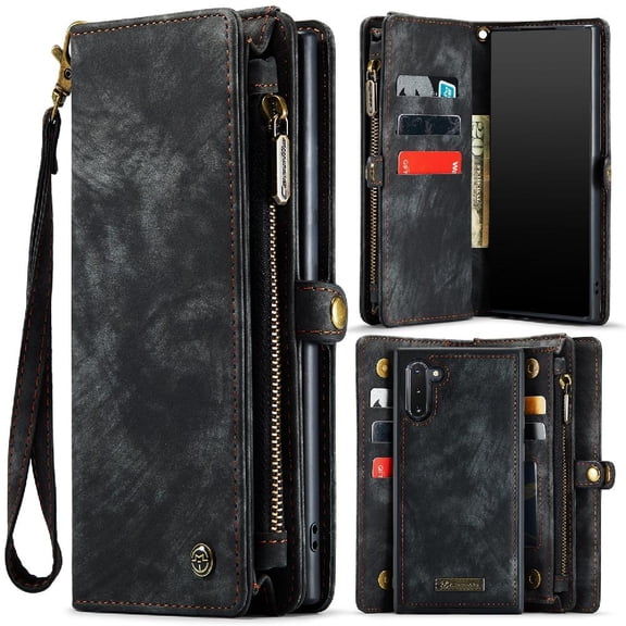 Case for Samsung Galaxy Note 10 Wallet Cover Trifold with Tpu Pc Handmade Leather Zipper Detachable Card Holder Strong Magnetic