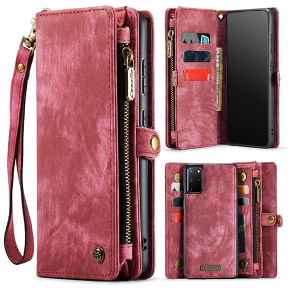 Case for Samsung Galaxy S20 Detachable Card Holder Tpu Pc Handmade Leather Zipper Wallet Cover Trifold with Strong Magnetic