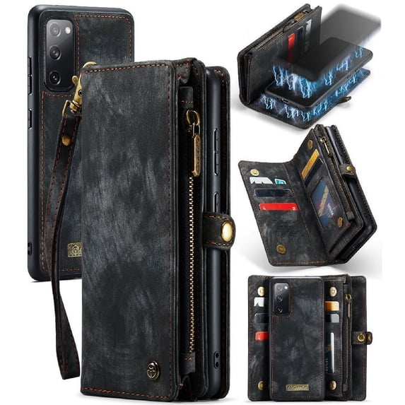 Case for Samsung Galaxy S20 Fe Wallet Cover Trifold with Detachable Card Holder Strong Magnetic Tpu Pc Handmade Leather Zipper