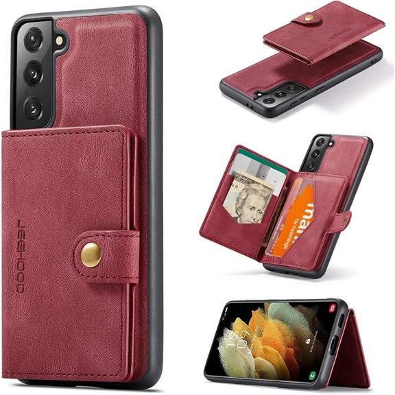 Case for Samsung Galaxy S21 FE,Detachable Magnetic Wallet Credit Card Slot Case Cover Support Wireless Charging for Samsung Galaxy S21 FE 5G (Red)