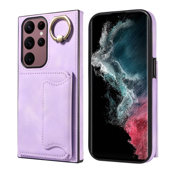 Case for Samsung Galaxy S22 Ultra 5G, PU Leather 3 Card Slots with Finger Ring Holder Shockproof Phone Case