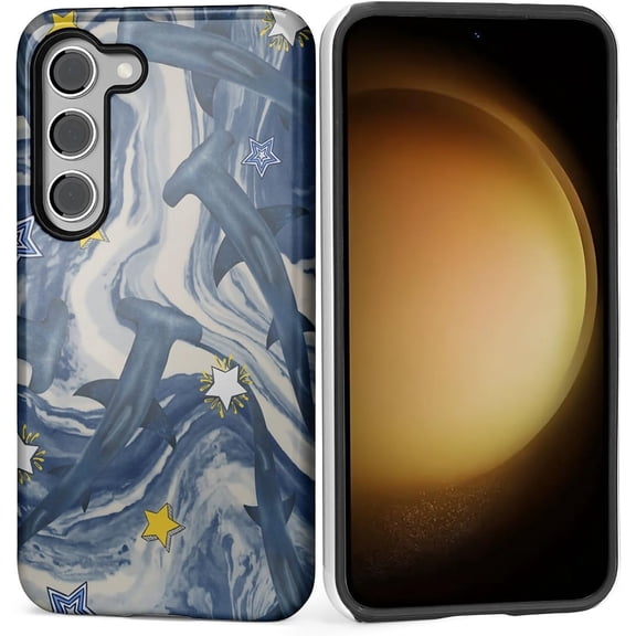Case for Samsung Galaxy S23,2 in 1 PC Hard Shell Silicone Inner Bumper Anti-Scratch Full-Body Cover Shockproof Slim Design-Blue Whale Shark Collage