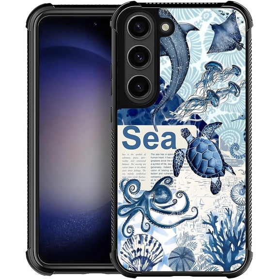 Case for Samsung Galaxy S23, Four Corners Bumpers Anti-Slip Shock Absorbing Protective Case for Girls Boys-Blue Ocean Aesthetic Whale Shark Collage
