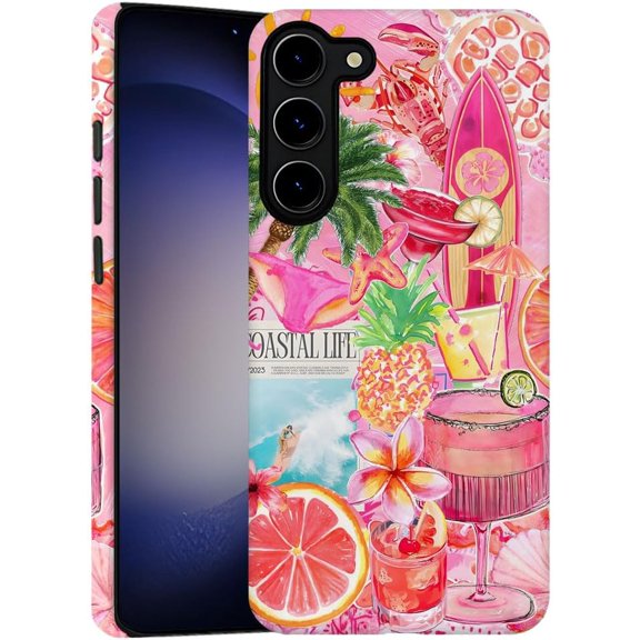 Case for Samsung Galaxy S23 Plus, Pink Turtle Pineapple Flowers Collage Phone Case Military-Grade Drop Protection Cover for Women Girl - Frosted