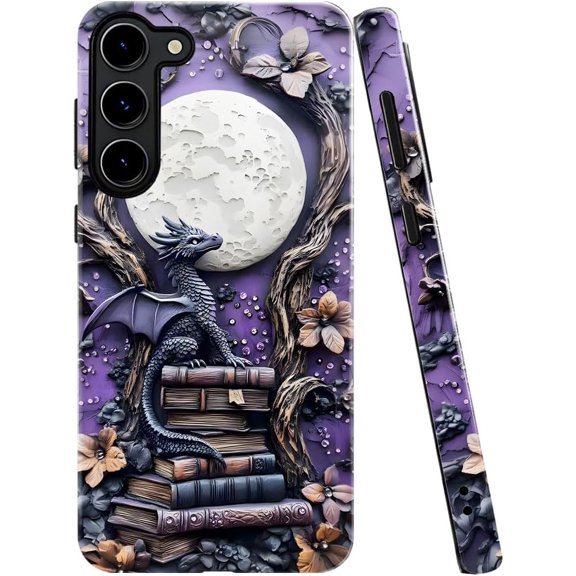 Case for Samsung Galaxy S23, Purple Dragon Book Moon Flower Phone Case Military-Grade Drop Protection Cover for Women Girl - Glossy