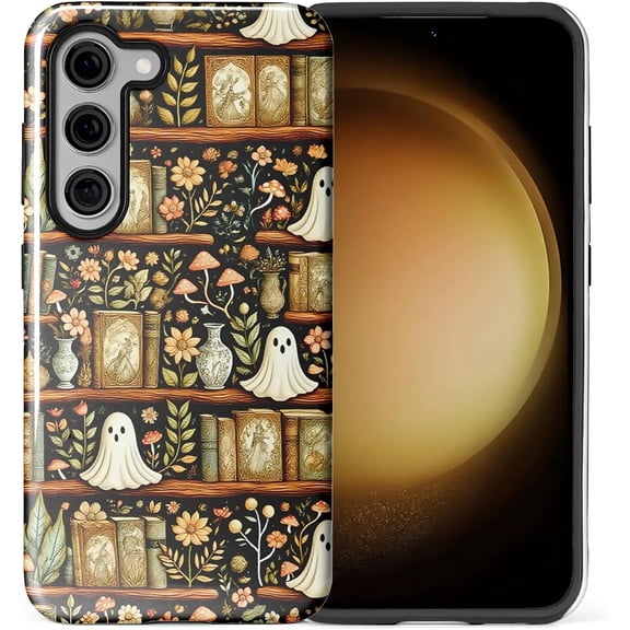 Case for Samsung Galaxy S23, Scratch Resistant Hybrid Double Layer Hard Shell, Halloween Bookshelf Ghost
