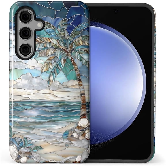 Case for Samsung Galaxy S24, Anti-Scratch Full-Body Cover Shockproof Slim Design Case, PC Hard Shell & Silicone Inner Bumper -Beach Palm Tree