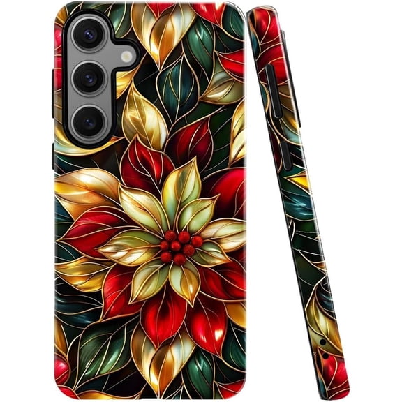Case for Samsung Galaxy S24 Plus, Christmas Flower Stained Glass Phone Case Military-Grade Drop Protection Cover for Women Girl - Glossy