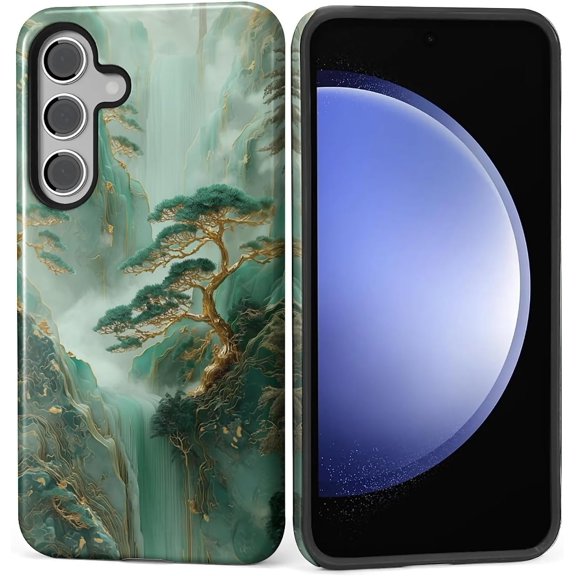 Case for Samsung Galaxy S24 Plus, Shockproof Hard Shell + Soft Silicone 2 in 1 Hybrid, Shockproof Bumper Drop Protective - Green Tree Retro Style