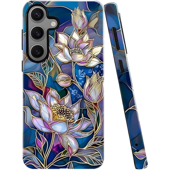 Case for Samsung Galaxy S24 Plus, Stained Glass Lotus Flowers Gold Purple Phone Case Military-Grade Drop Protection Cover for Women Girl - Glossy