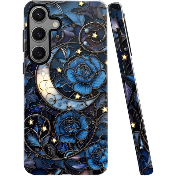 Case for Samsung Galaxy S24, Stained Glass Moon Mosaic Dark Academia Phone Case Military-Grade Drop Protection Cover for Women Girl - Glossy