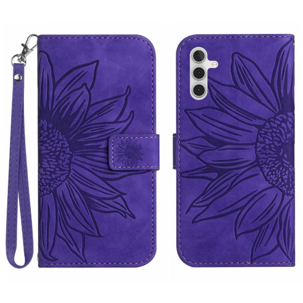 Case for Samsung Galaxy S25 Fe Luxury Pu Leather with Card Slots Holder Embossed Sunflower Short Strap Flip Wallet Phone Case
