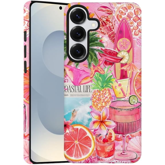 Case for Samsung Galaxy S25, Pink Turtle Pineapple Flowers Collage Phone Case Military-Grade Drop Protection Cover for Women Girl - Frosted