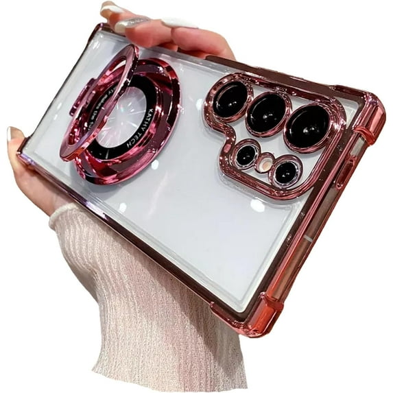 Case for Samsung Galaxy S25 Ultra S24FE S23 Shockproof Ring Stand Cover, Magnetic TPU Case Clear Cover (Pink,S24FE)