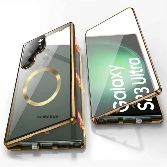 Case for Samsung Galaxy S25,with Double Sided Magnetic Tempered Glass cases,Magsafe Wireless Charging Magnetic Adsorption Metal Bumper cover,Gold