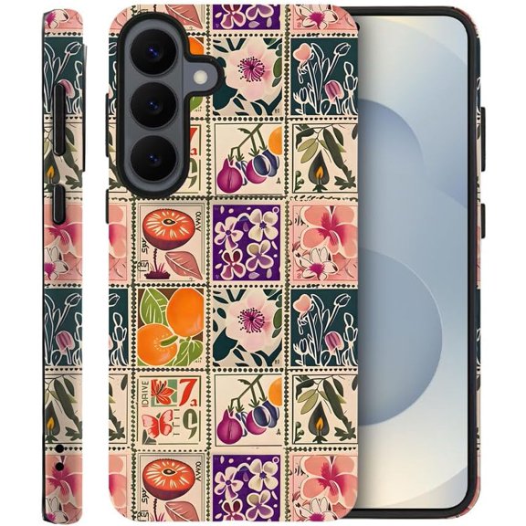 Case for Samsung Galaxy S26 Plus, Vintage Flower Orange Stamp Collage Phone Case Drop Resistant Frosted 2 in 1 Solid Dual-Layer Cover for Girl Women