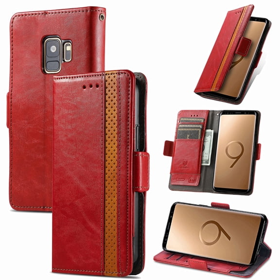 Case for Samsung Galaxy S9 Cover Leather Wallet Folio Case Book Design Flip Magnetic Closure - Red