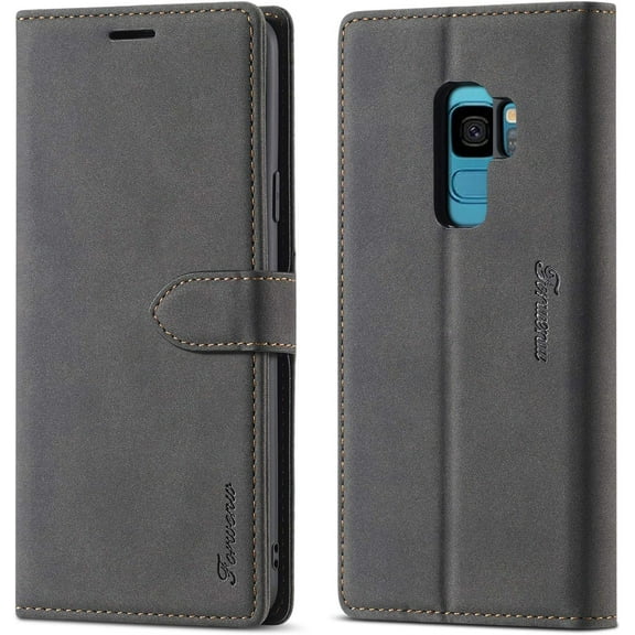 Case for Samsung Galaxy S9, Vintage Wallet Folio Flip Cover Full Coverage Premium Leather Case with Magnetic Closure Kickstand Card Slots - Black
