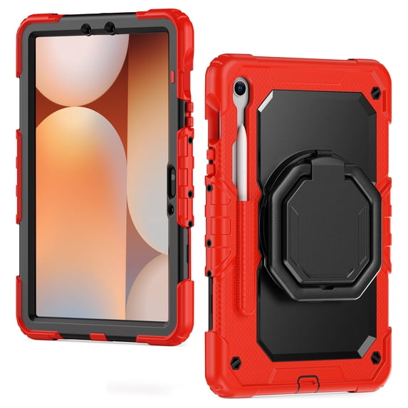 Case for Samsung Galaxy Tab S10 Lite/S10 FE/S9 FE/S9, 360 Rotating Stand Handle Pencil Holder Shoulder Strap Heavy Duty Shockproof Cover, Red