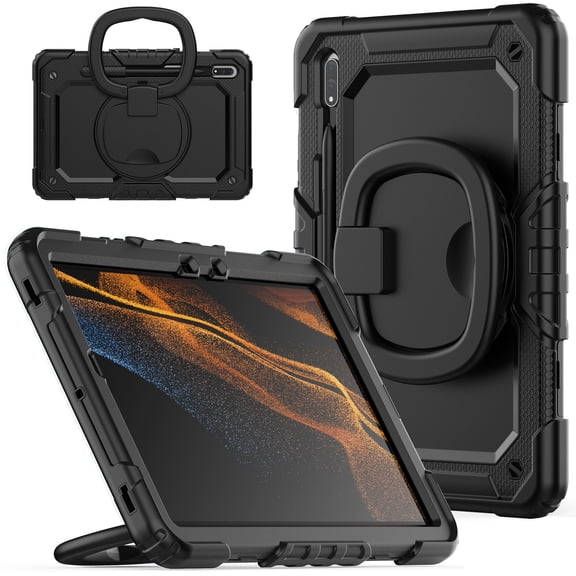 Case for Samsung Galaxy Tab S8/Tab S7 11 inch, 360 Rotating Stand Handle Pencil Holder Shoulder Strap Heavy Duty Shockproof Cover, Black