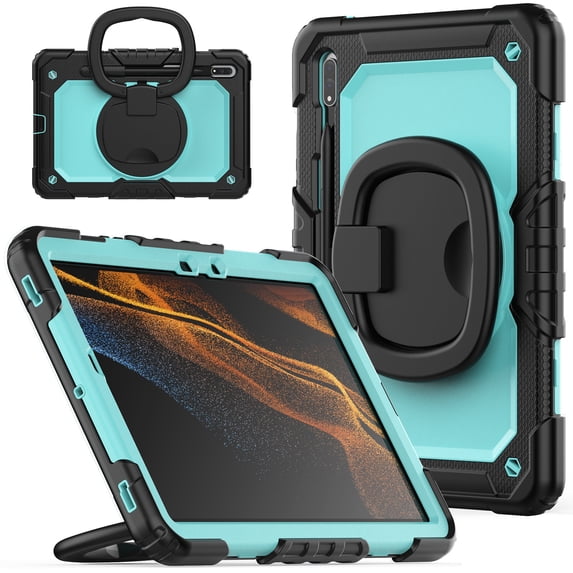 Case for Samsung Galaxy Tab S8/Tab S7 11 inch, 360 Rotating Stand Handle Pencil Holder Shoulder Strap Heavy Duty Shockproof Cover, Sky Blue PC