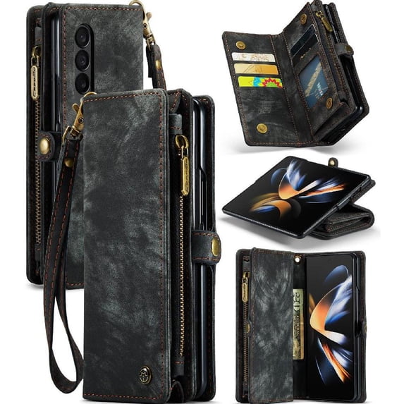 Case for Samsung Galaxy W23 Flip Strong Magnetic Detachable Card Holder Tpu Pc Handmade Leather Zipper Wallet Cover Trifold with