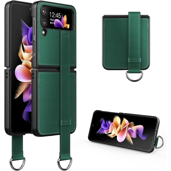 Case for Samsung Galaxy Z Flip 4 5G (2022) with Strap, PU Leather Back Cover + Hard PC Protective Shell Phone Case for Z Flip4 - Green