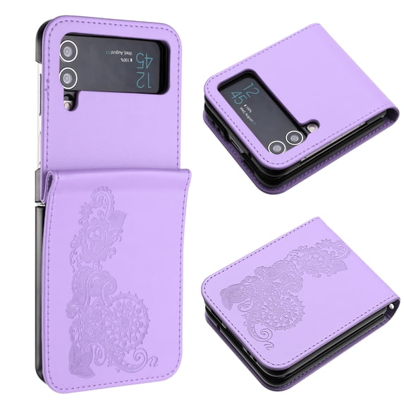 Case for Samsung Galaxy Z Flip 4, PU Leather Flip Protective Phone Case Emboss Flower Book Case for Samsung Galaxy Z Flip 4 - Purple