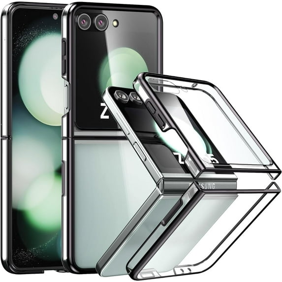 Case for Samsung Galaxy Z Flip 5 (2023) with Cover Screen Protector, Anti-Yellowing Transparent Thin Hard Phone Case for Galaxy Z Flip5 - Black Clear
