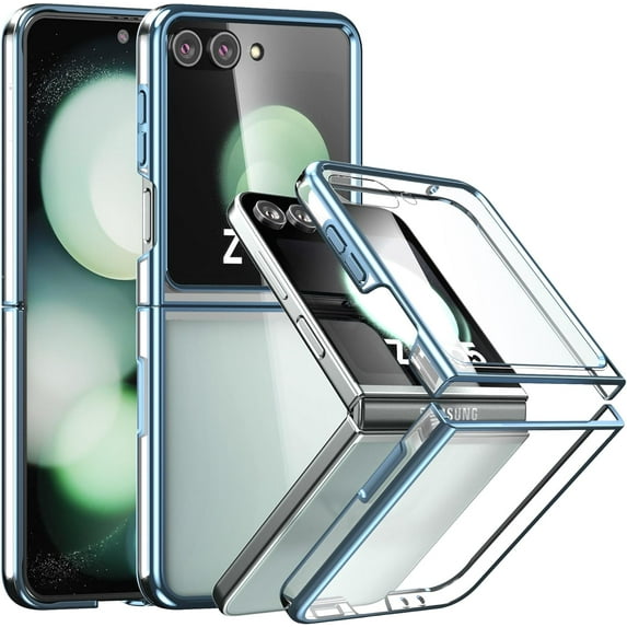 Case for Samsung Galaxy Z Flip 5 (2023) with Cover Screen Protector, Anti-Yellowing Transparent Thin Hard Phone Case for Galaxy Z Flip5 - Blue Clear