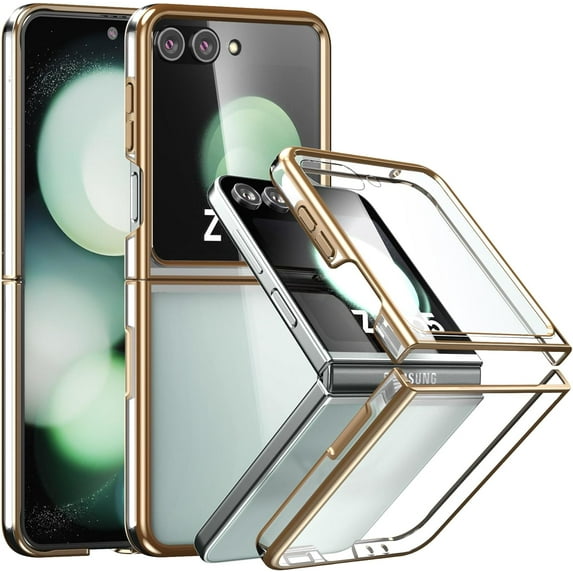 Case for Samsung Galaxy Z Flip 5 (2023) with Cover Screen Protector, Anti-Yellowing Transparent Thin Hard Phone Case for Galaxy Z Flip5 - Gold Clear