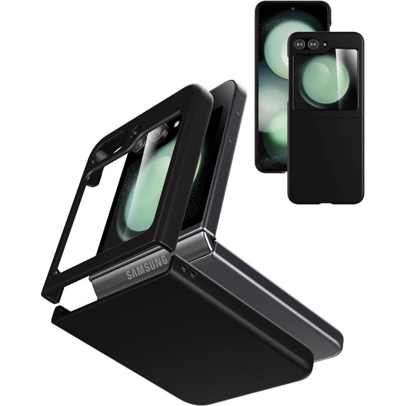 Case for Samsung Galaxy Z Flip 5 (2023) with Cover Screen Protector, Thin Hard PC Phone Case for Galaxy Z Flip5 - Black+Glass