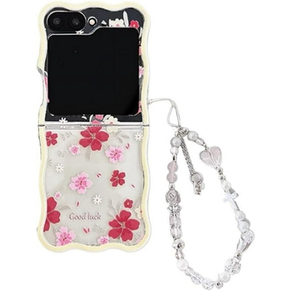 Case for Samsung Galaxy Z Flip 6 with Chain,Kawaii Floral Pattern Shockproof Protective Cover, Anti-Fall Phone Shell for Girls Women (red)