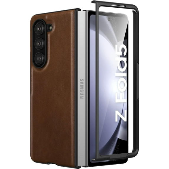 Case for Samsung Galaxy Z Fold 5 (2023) with Cover Screen Protector, PU Leather & Hard PC Bumper Phone Case for Galaxy Z Fold5 - Brown