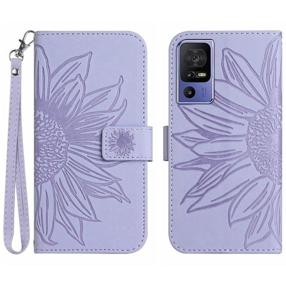Case for TCL 40 SE With Card Slots Holder Luxury PU Leather Embossed Sunflower Short Strap Flip Wallet Phone Case