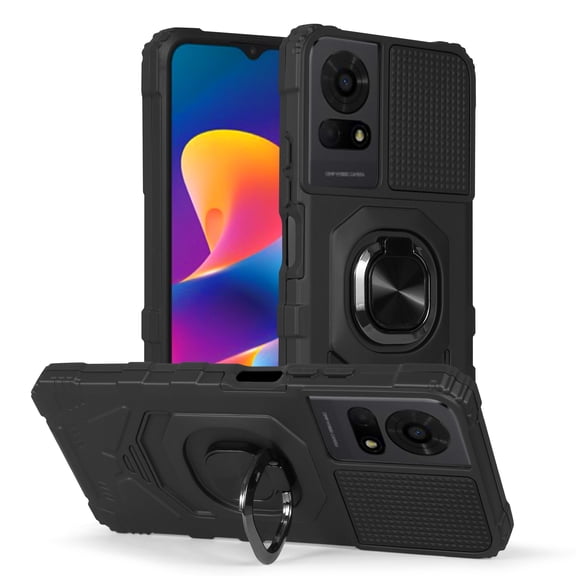 Case for TCL K24 /K23 /50 LE Case w/Tempered Glass Screen Protector [Military Grade] Ring Car Mount Kickstand Hard Phone Case Black