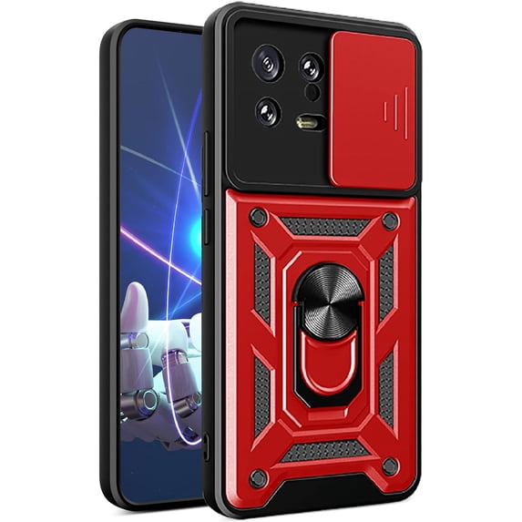 Case for Xiaomi 13 with Slide Camera Cover, Military Grade Drop Protective Phone Cover Case with Ring Kickstand for Xiaomi 13 SJ Red