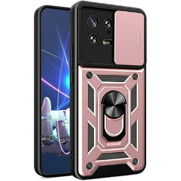 Case for Xiaomi 13 with Slide Camera Cover, Military Grade Drop Protective Phone Cover Case with Ring Kickstand for Xiaomi 13 SJ Rose Gold