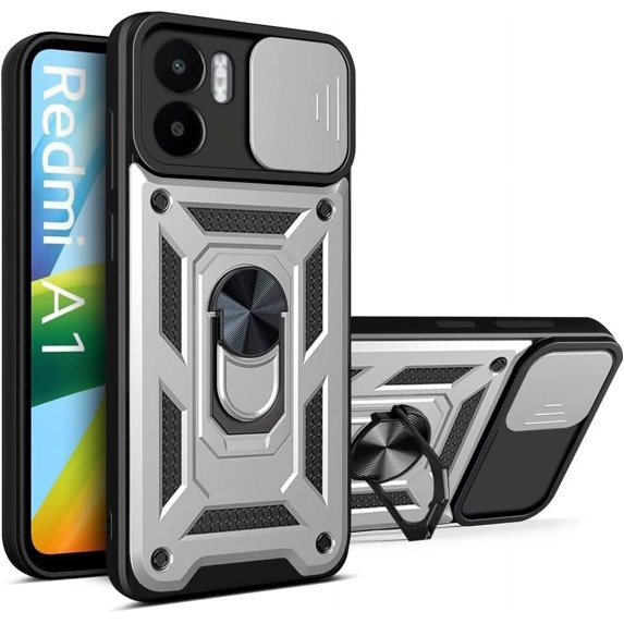 Case for Xiaomi Redmi A1 with Slide Camera Cover, Military Grade Drop Protective Phone Cover Case with Ring Kickstand for Xiaomi Redmi A1 SJ Silver