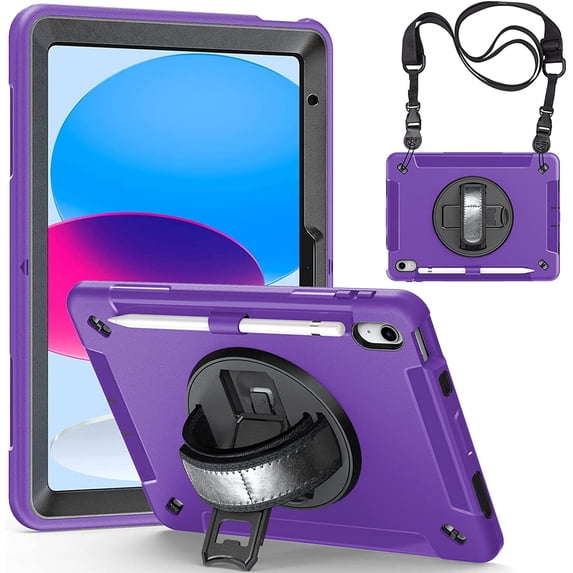 Case for iPad 10th Generation 10.9 inch 2022, Dual Layer Full Body Tough Rugged Case with 360° Rotatable Kickstand, Hand/Shoulder Strap for iPad 10