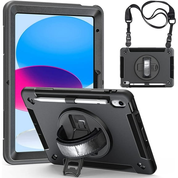 Case for iPad 10th Generation 10.9 inch 2022, Dual Layer Full Body Tough Rugged Case with 360° Rotatable Kickstand, Hand/Shoulder Strap for iPad 10