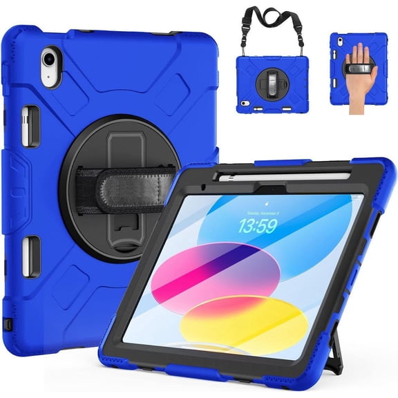 Case for iPad 10th Generation 2022 A2757 A2777 A2696 Protective Cover with Screen Protector/Pencil Holder/Rotating Stand/Hand Strap/Shoulder Strap