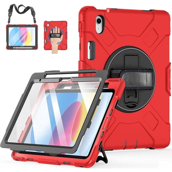 Case for iPad 10th Generation 2022 A2757 A2777 A2696 Protective Cover with Screen Protector/Pencil Holder/Rotating Stand/Hand Strap/Shoulder Strap